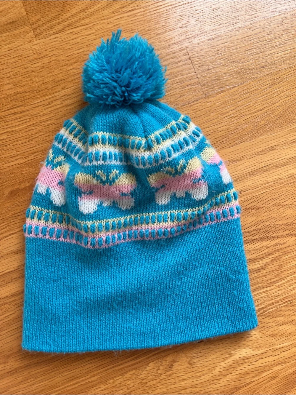 Vintage Hansen Kids Blue Pom Pom Beanie with Butterfly Pattern grade school age